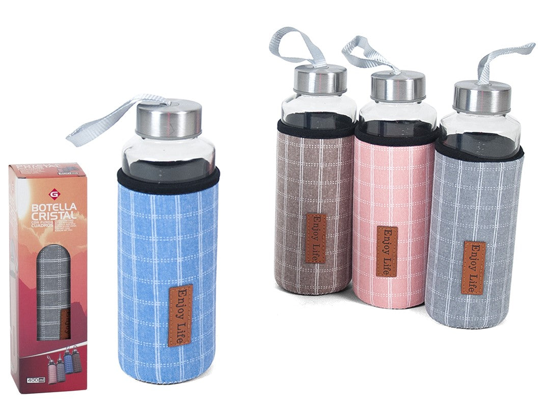 BOTELLA CRISTAL CON FUNDA CUADROS  400ML