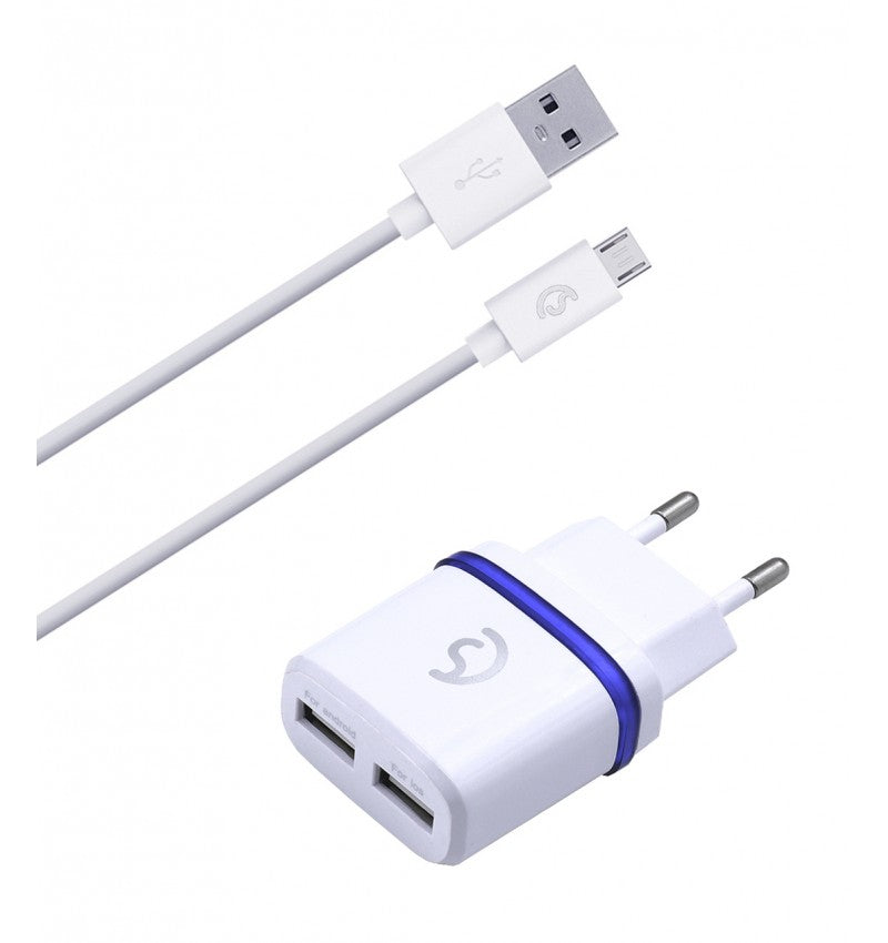 Cargador de 2 entradas USB + Cable Micro USB 2.1A PARA V8