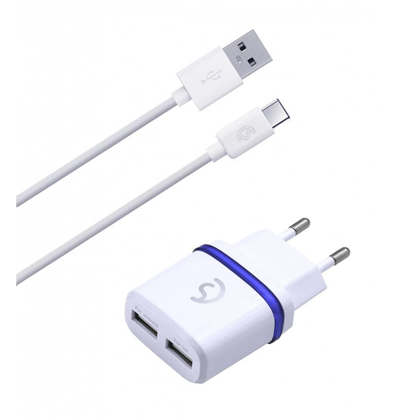 Cargador de 2 entradas USB + Cable Tipo C USB 2.1A