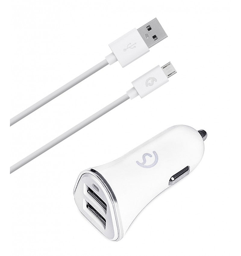 Cargador de coche de 2 entradas USB + Cable Micro USB V8 2.1A